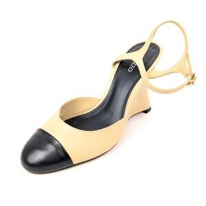 Arezzo Jamie Chic Almond Black Leather Ankle Strap Wedge Pumps Size 8.5